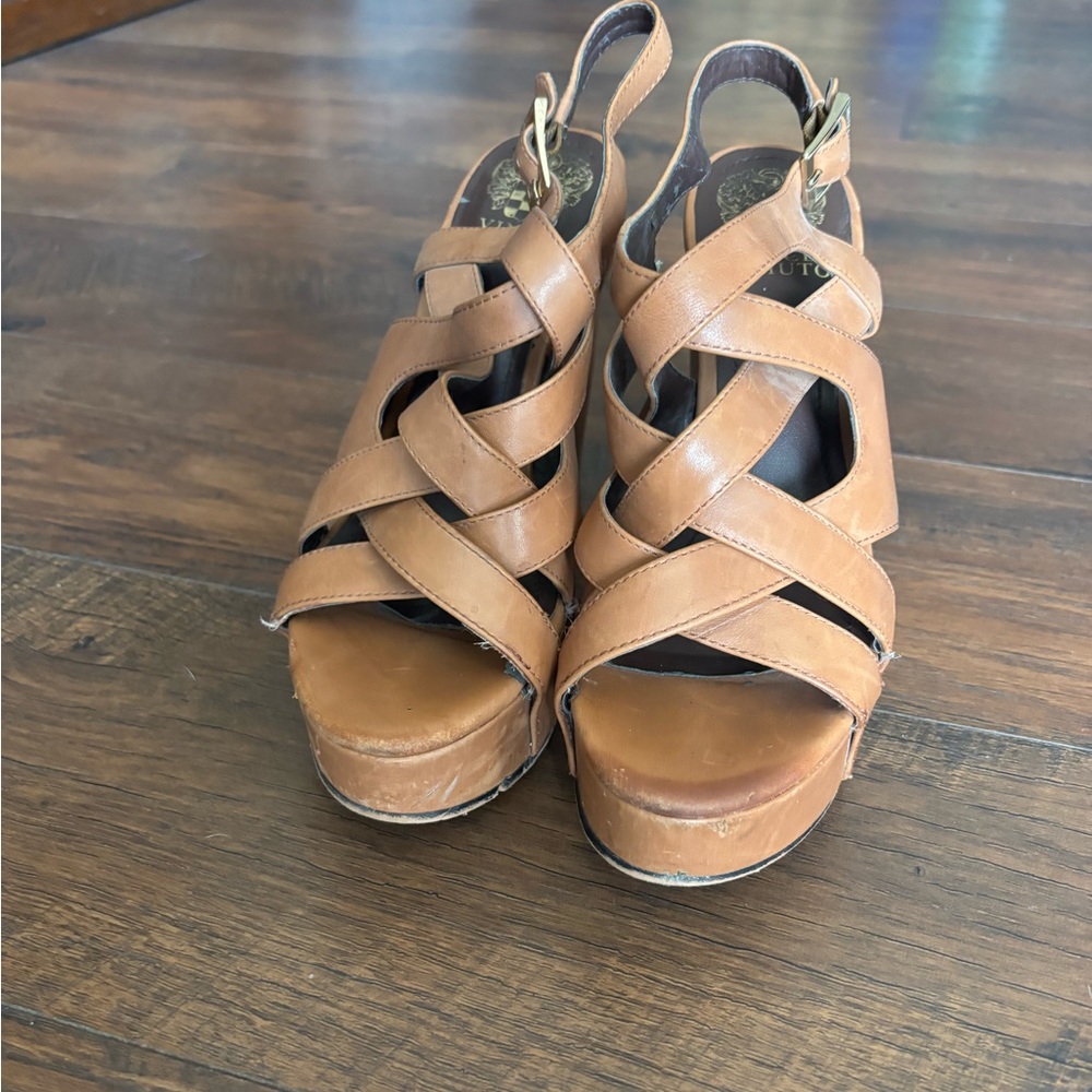 Vince Camuto Cognac Woven Leather Platform Sandals